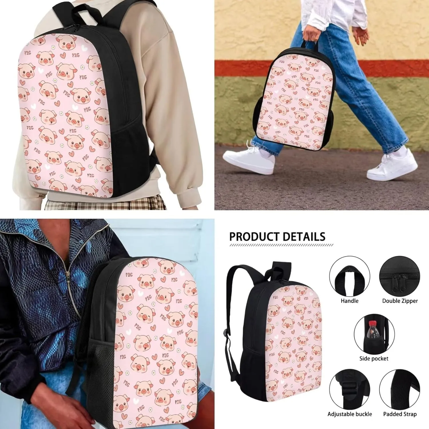 Mumeson Cartoon Pig Backpack School Bag for Kids Teen Lightweight Book Organizer Kids Teen School Backpack with Crossbody Lunch Bag Insulated Lunch Bag Portable Pencil Bag Pencase
