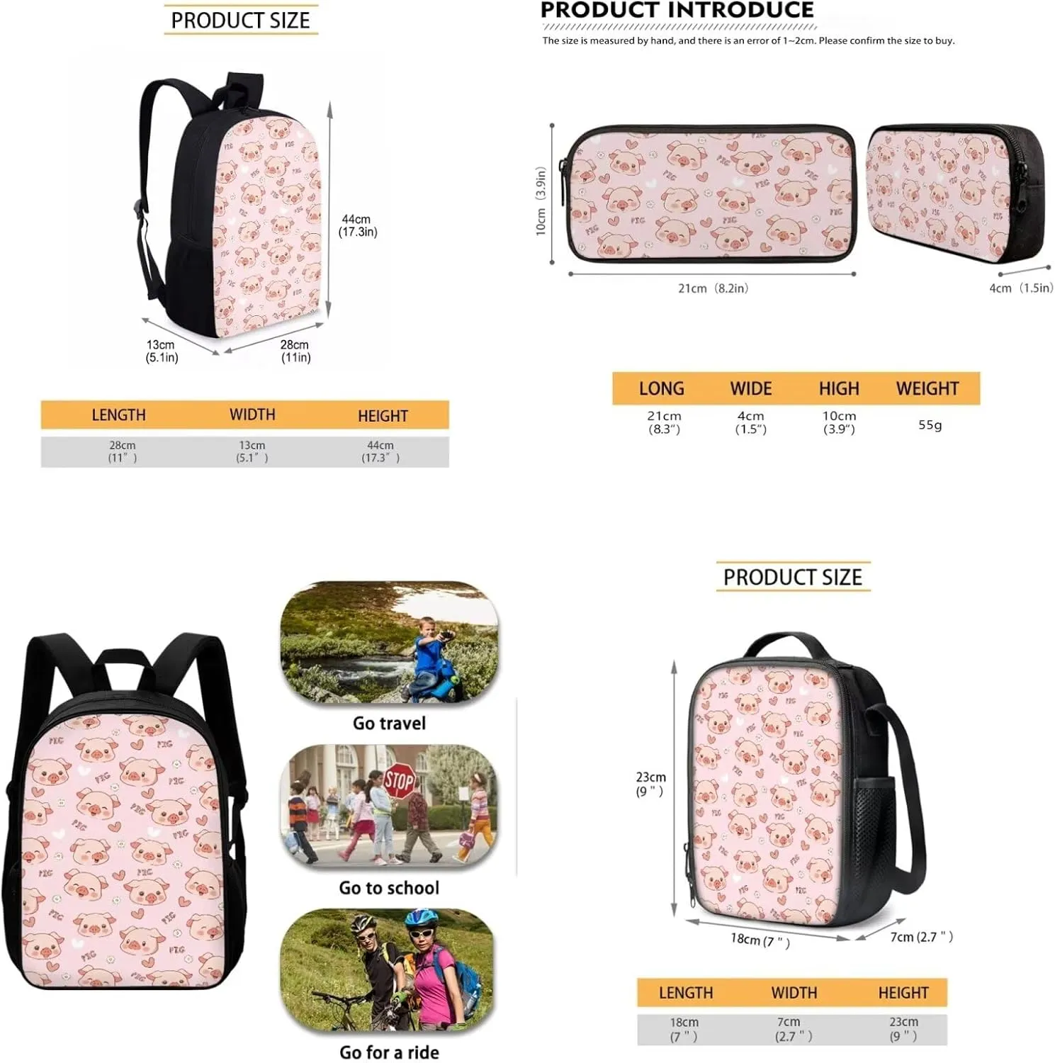 Mumeson Cartoon Pig Backpack School Bag for Kids Teen Lightweight Book Organizer Kids Teen School Backpack with Crossbody Lunch Bag Insulated Lunch Bag Portable Pencil Bag Pencase