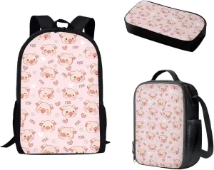 Mumeson Cartoon Pig Backpack School Bag for Kids Teen Lightweight Book Organizer Kids Teen School Backpack with Crossbody Lunch Bag Insulated Lunch Bag Portable Pencil Bag Pencase
