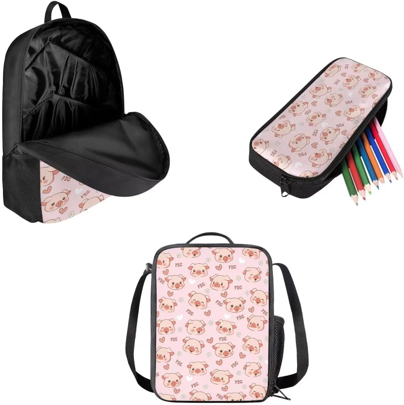 Mumeson Cartoon Pig Backpack School Bag for Kids Teen Lightweight Book Organizer Kids Teen School Backpack with Crossbody Lunch Bag Insulated Lunch Bag Portable Pencil Bag Pencase