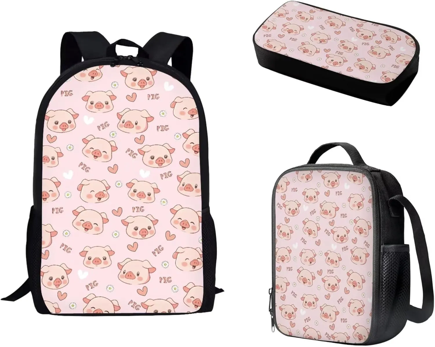 Mumeson Cartoon Pig Backpack School Bag for Kids Teen Lightweight Book Organizer Kids Teen School Backpack with Crossbody Lunch Bag Insulated Lunch Bag Portable Pencil Bag Pencase