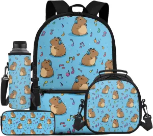 Music Note Capybara School Bag and Lunchbox, 4-in-1 Primary School Student Backpack with Lunch Box Set Pencil Case Water Bottle Holder Cute Bookbag Lunch Bag Ages 6-8