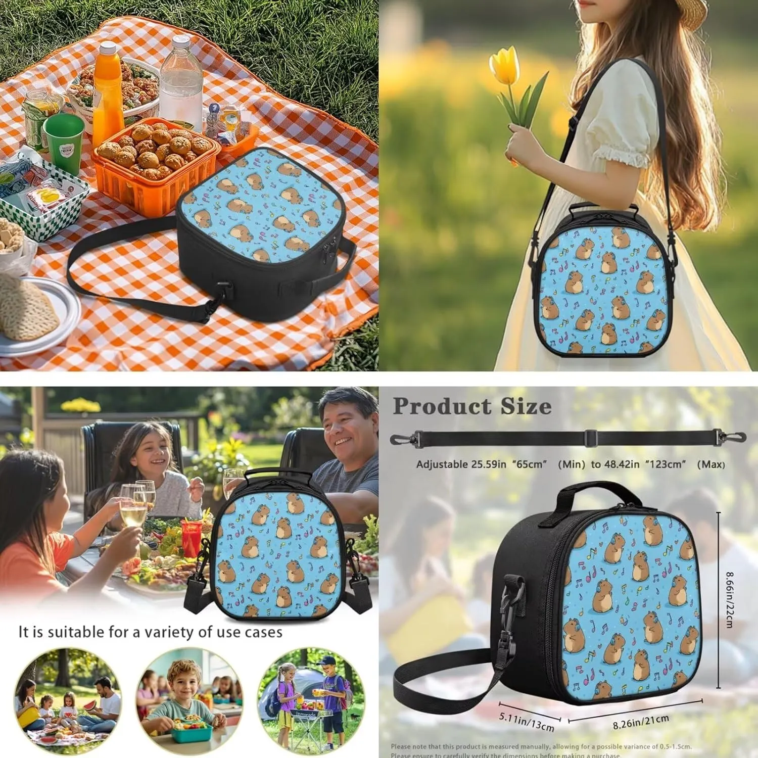 Music Note Capybara School Bag and Lunchbox, 4-in-1 Primary School Student Backpack with Lunch Box Set Pencil Case Water Bottle Holder Cute Bookbag Lunch Bag Ages 6-8