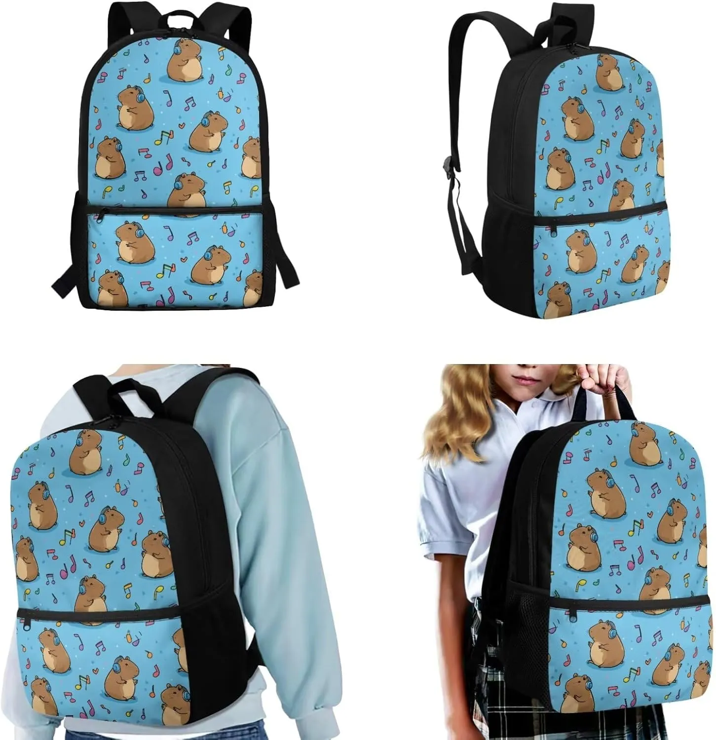 Music Note Capybara School Bag and Lunchbox, 4-in-1 Primary School Student Backpack with Lunch Box Set Pencil Case Water Bottle Holder Cute Bookbag Lunch Bag Ages 6-8