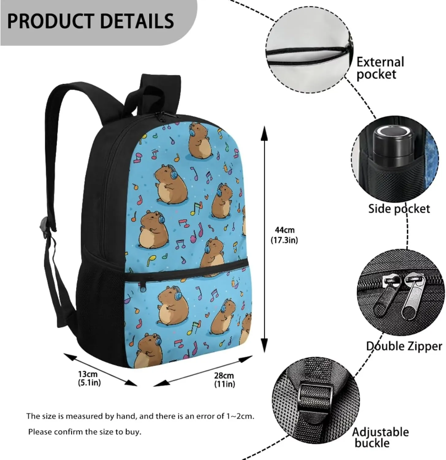 Music Note Capybara School Bag and Lunchbox, 4-in-1 Primary School Student Backpack with Lunch Box Set Pencil Case Water Bottle Holder Cute Bookbag Lunch Bag Ages 6-8