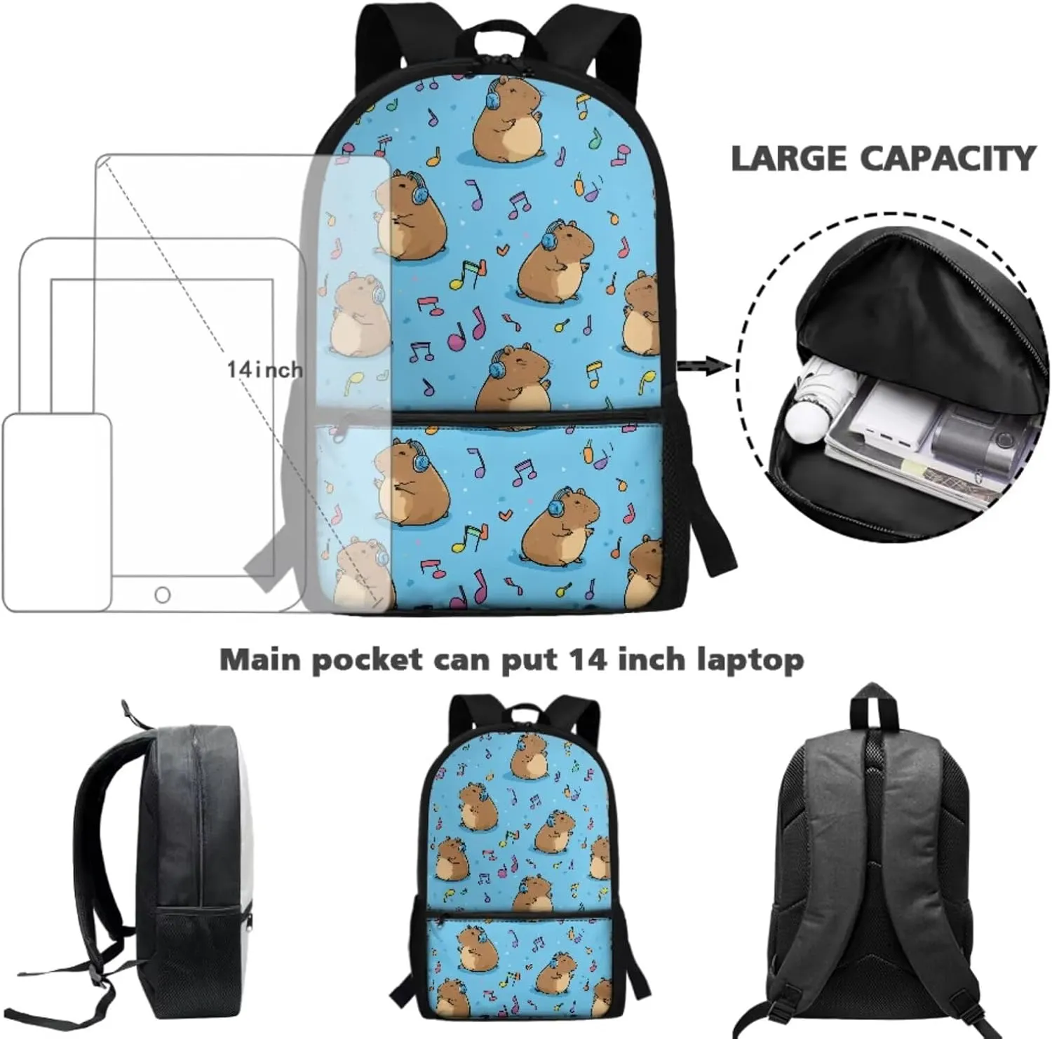 Music Note Capybara School Bag and Lunchbox, 4-in-1 Primary School Student Backpack with Lunch Box Set Pencil Case Water Bottle Holder Cute Bookbag Lunch Bag Ages 6-8