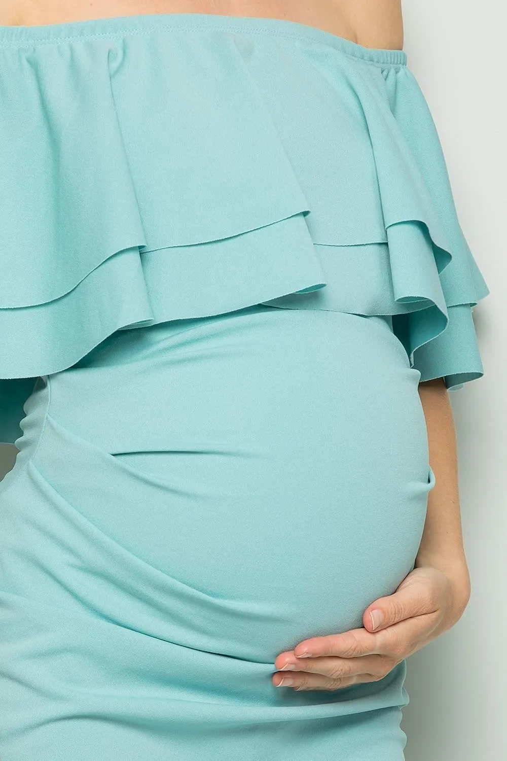 My Bump Double Layer Ruffle Maternity Dress-Fitted Off-Shoulder Baby Shower Pregnancy