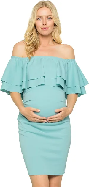 My Bump Double Layer Ruffle Maternity Dress-Fitted Off-Shoulder Baby Shower Pregnancy