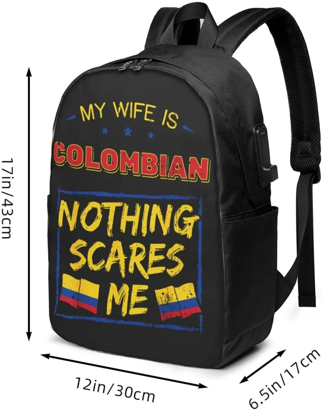 My Wife is Colombian Colombia Flag Travel Backpack 17-Inch Laptop Backpacks Business Rucksack Casual Sport Daypack with USB Charging Port Carry-on Bag for Camping Biking