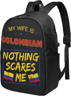 My Wife is Colombian Colombia Flag Travel Backpack 17-Inch Laptop Backpacks Business Rucksack Casual Sport Daypack with USB Charging Port Carry-on Bag for Camping Biking