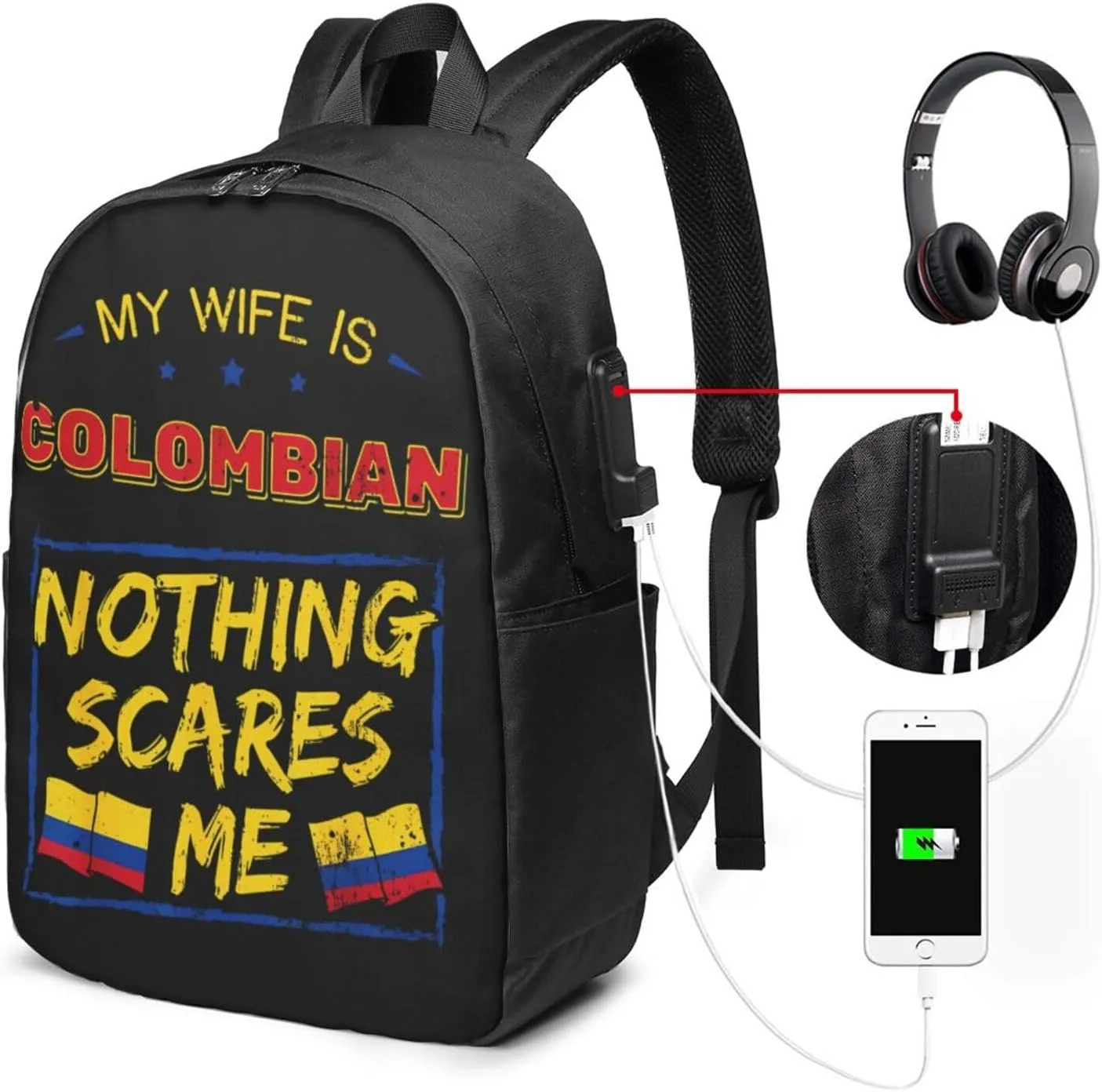 My Wife is Colombian Colombia Flag Travel Backpack 17-Inch Laptop Backpacks Business Rucksack Casual Sport Daypack with USB Charging Port Carry-on Bag for Camping Biking