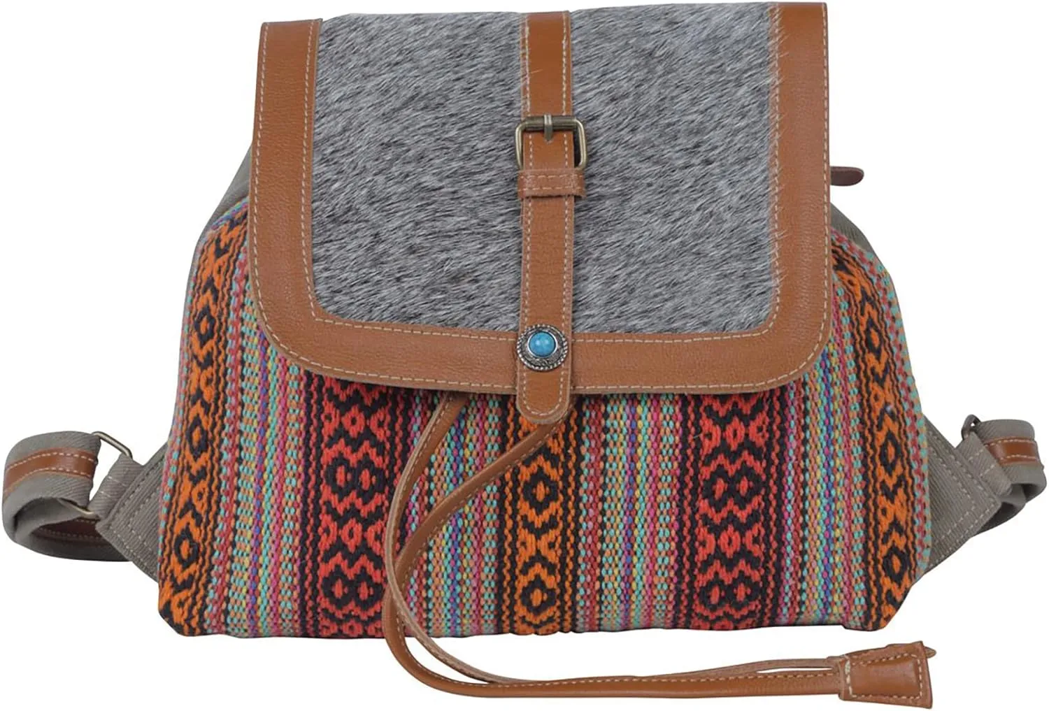 Myra Bag Western Leather Backpack Bag for Women - Flapover Upcycled Canvas Cowhide Bag Diverse Tones