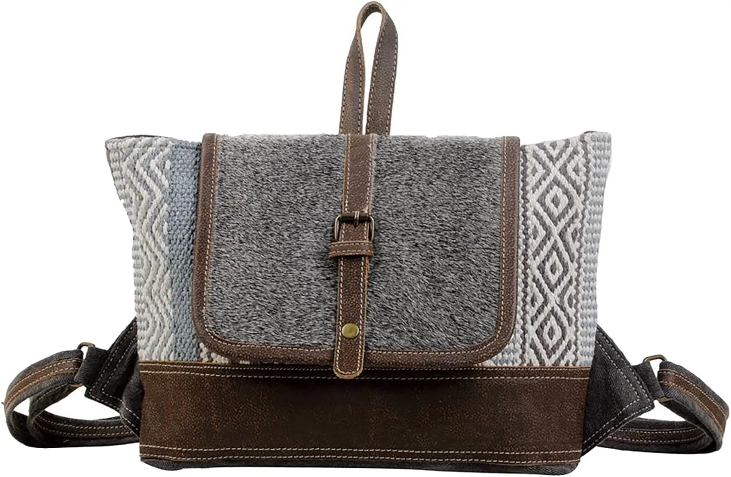 Myra Bag Western Leather Backpack Bag for Women - Flapover Upcycled Canvas Cowhide Bag Straight-Forward