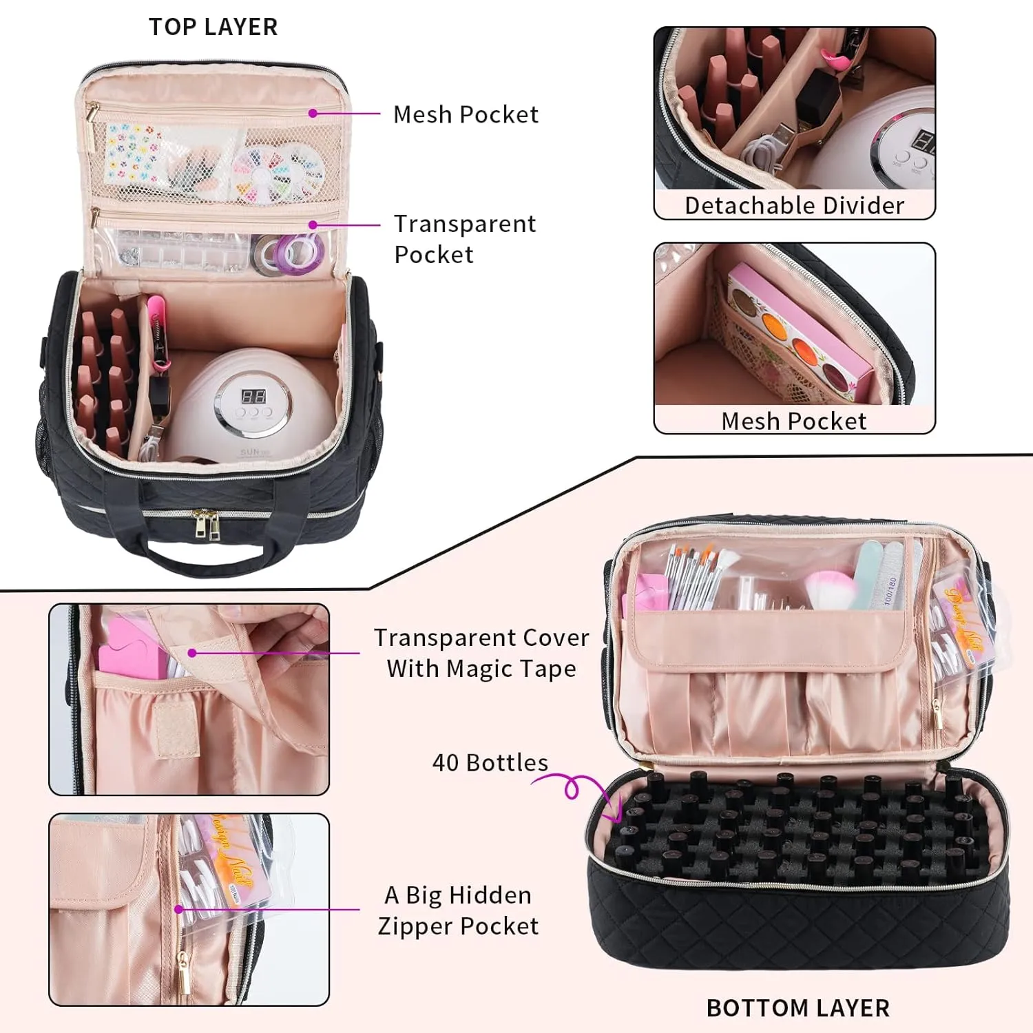 Nail Polish Organizer Case Fits Nail Lamp and 50 Bottles,Nail Organizers and Storage for Nail Tech Travel,Pretty Nail Polish Storage Bag Fits Nail Kit & Manicure Tools (Patented)-Black