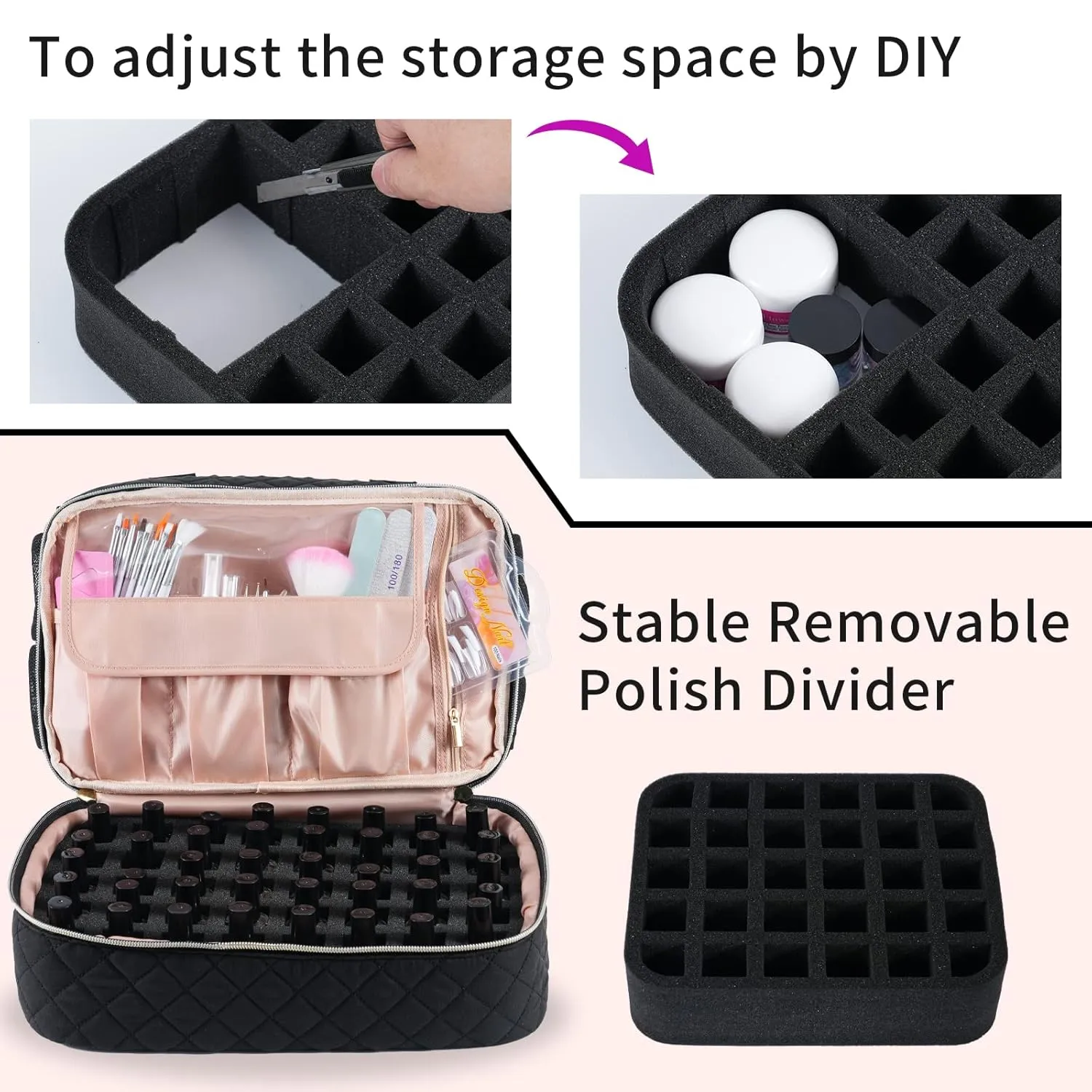 Nail Polish Organizer Case Fits Nail Lamp and 50 Bottles,Nail Organizers and Storage for Nail Tech Travel,Pretty Nail Polish Storage Bag Fits Nail Kit & Manicure Tools (Patented)-Black