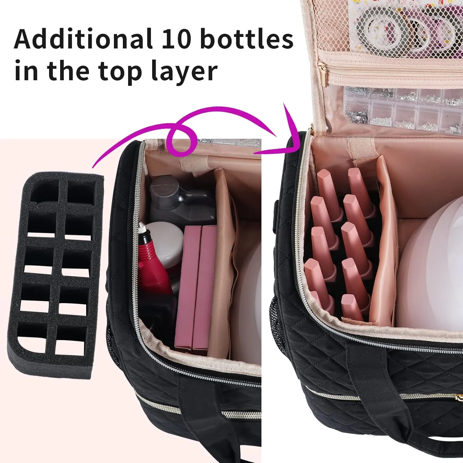 Nail Polish Organizer Case Fits Nail Lamp and 50 Bottles,Nail Organizers and Storage for Nail Tech Travel,Pretty Nail Polish Storage Bag Fits Nail Kit & Manicure Tools (Patented)-Black