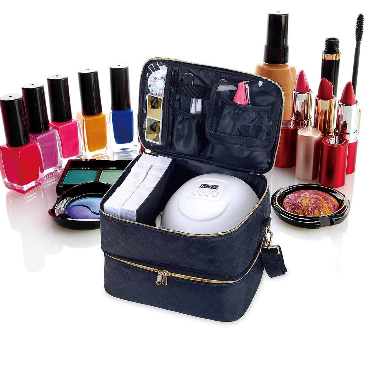Nail Polish Organizer Case Holds 40 Bottles(15ml/0.5fl.oz) and Nail Lamp, Double Layer Nail Polish Storage with Adjustable Dividers,Portable Carrying Bag for Nail Kit, Manicure Tools Black