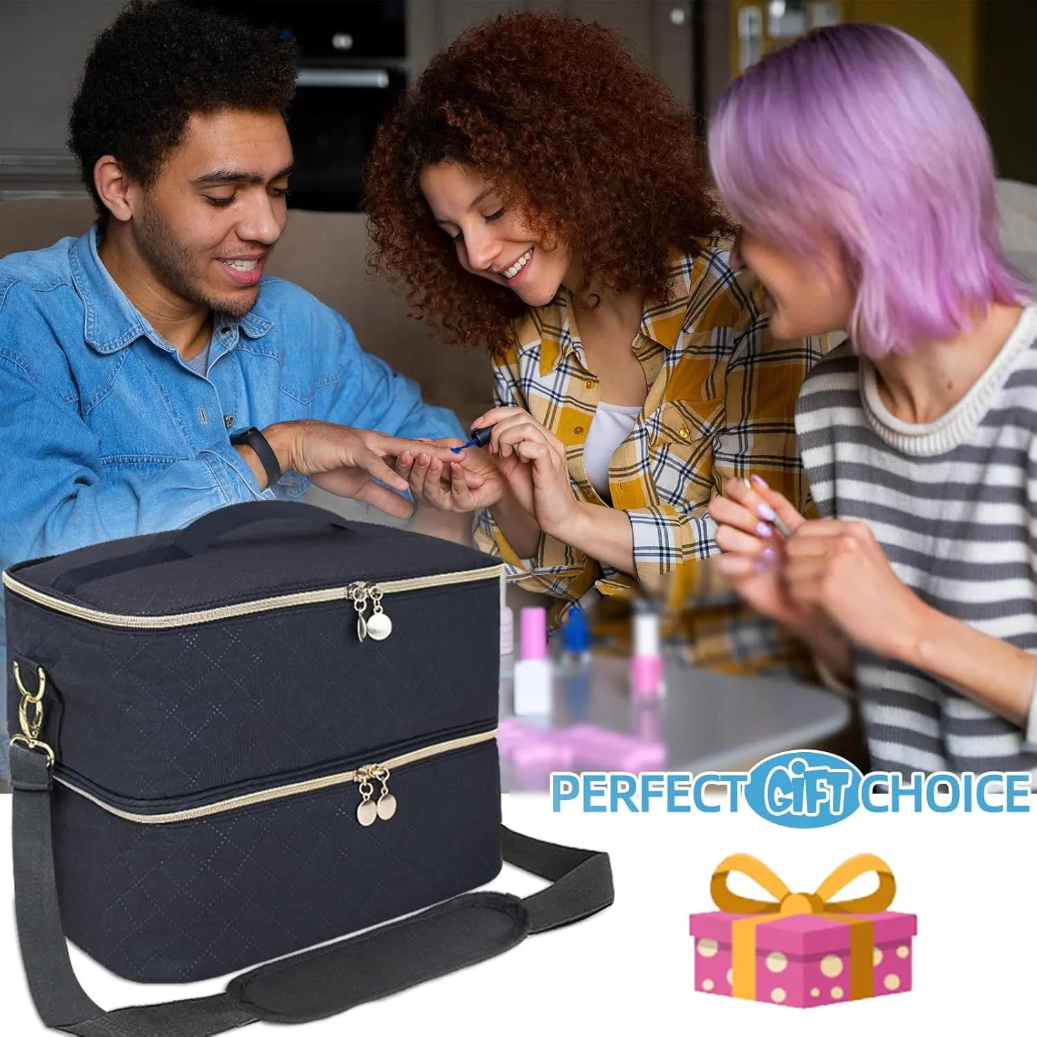 Nail Polish Organizer With Adjustable Shoulder Strap Gel Nail Polish Holder, Nail Organizers and Storage for UV Led Nail Lamp, Nail Supplies Bag, Holds 40 Bottles (15ml - 0.5 fl.oz) (Black)