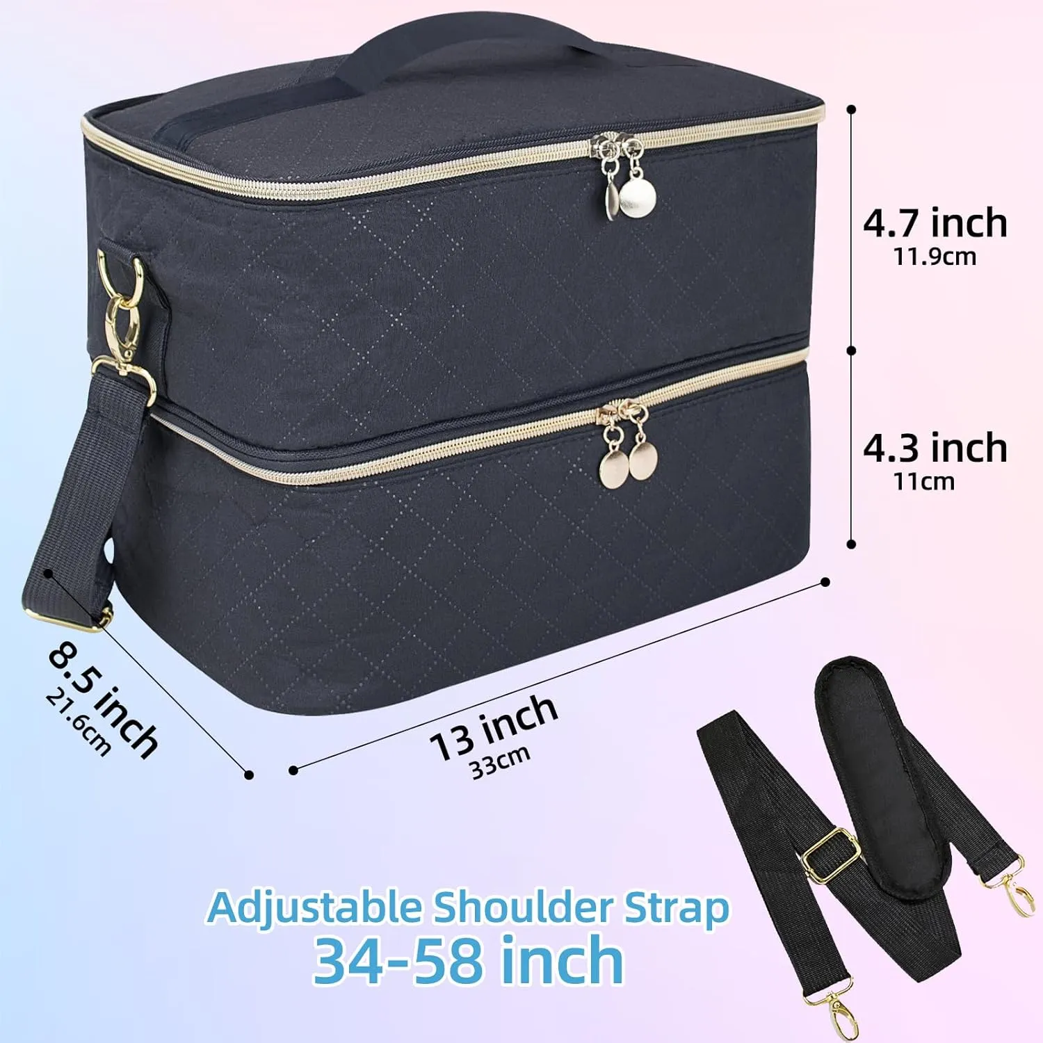 Nail Polish Organizer With Adjustable Shoulder Strap Gel Nail Polish Holder, Nail Organizers and Storage for UV Led Nail Lamp, Nail Supplies Bag, Holds 40 Bottles (15ml - 0.5 fl.oz) (Black)