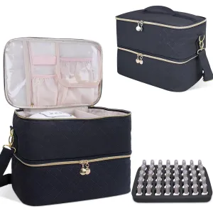 Nail Polish Organizer With Adjustable Shoulder Strap Gel Nail Polish Holder, Nail Organizers and Storage for UV Led Nail Lamp, Nail Supplies Bag, Holds 40 Bottles (15ml - 0.5 fl.oz) (Black)