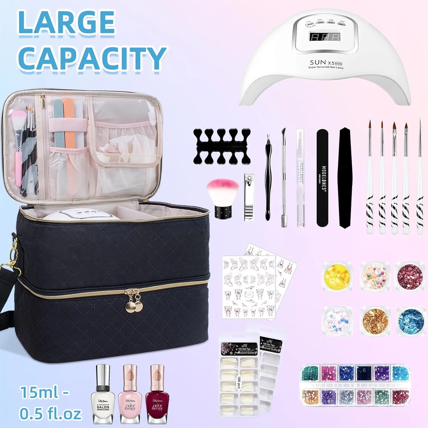 Nail Polish Organizer With Adjustable Shoulder Strap Gel Nail Polish Holder, Nail Organizers and Storage for UV Led Nail Lamp, Nail Supplies Bag, Holds 40 Bottles (15ml - 0.5 fl.oz) (Black)