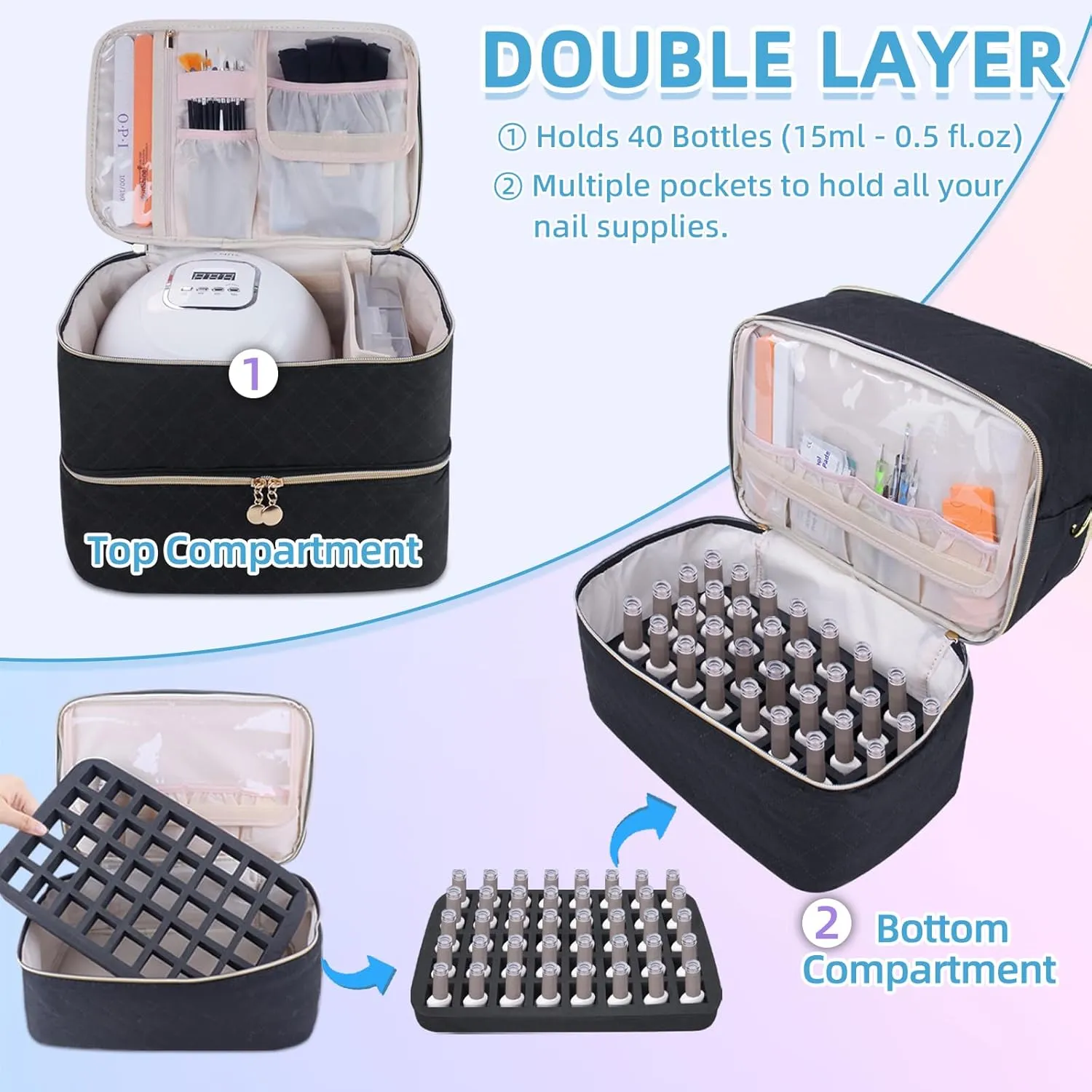 Nail Polish Organizer With Adjustable Shoulder Strap Gel Nail Polish Holder, Nail Organizers and Storage for UV Led Nail Lamp, Nail Supplies Bag, Holds 40 Bottles (15ml - 0.5 fl.oz) (Black)