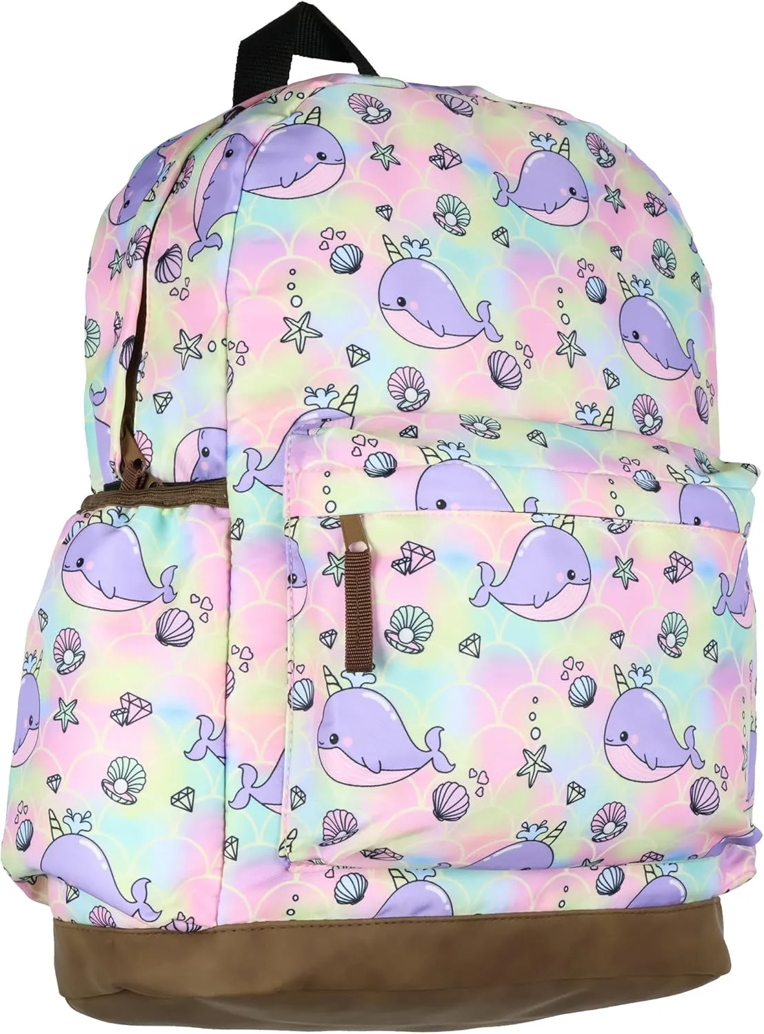 Narwhal Backpack Unicorn Of The Sea Allover Whale Design with Faux Leather Bottom Travel Daypack Bag