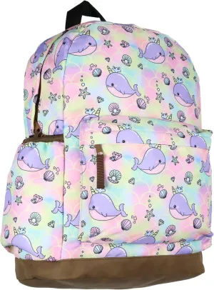 Narwhal Backpack Unicorn Of The Sea Allover Whale Design with Faux Leather Bottom Travel Daypack Bag