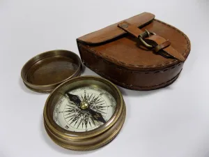 Nautical Brass Pocket Compass with Leather Case Box, Mountains and Road Engraved Working Handmade Antiqued Brass Compass, Compass for Camping, Hiking, Touring, Sundial Compass Gift for dad, Son