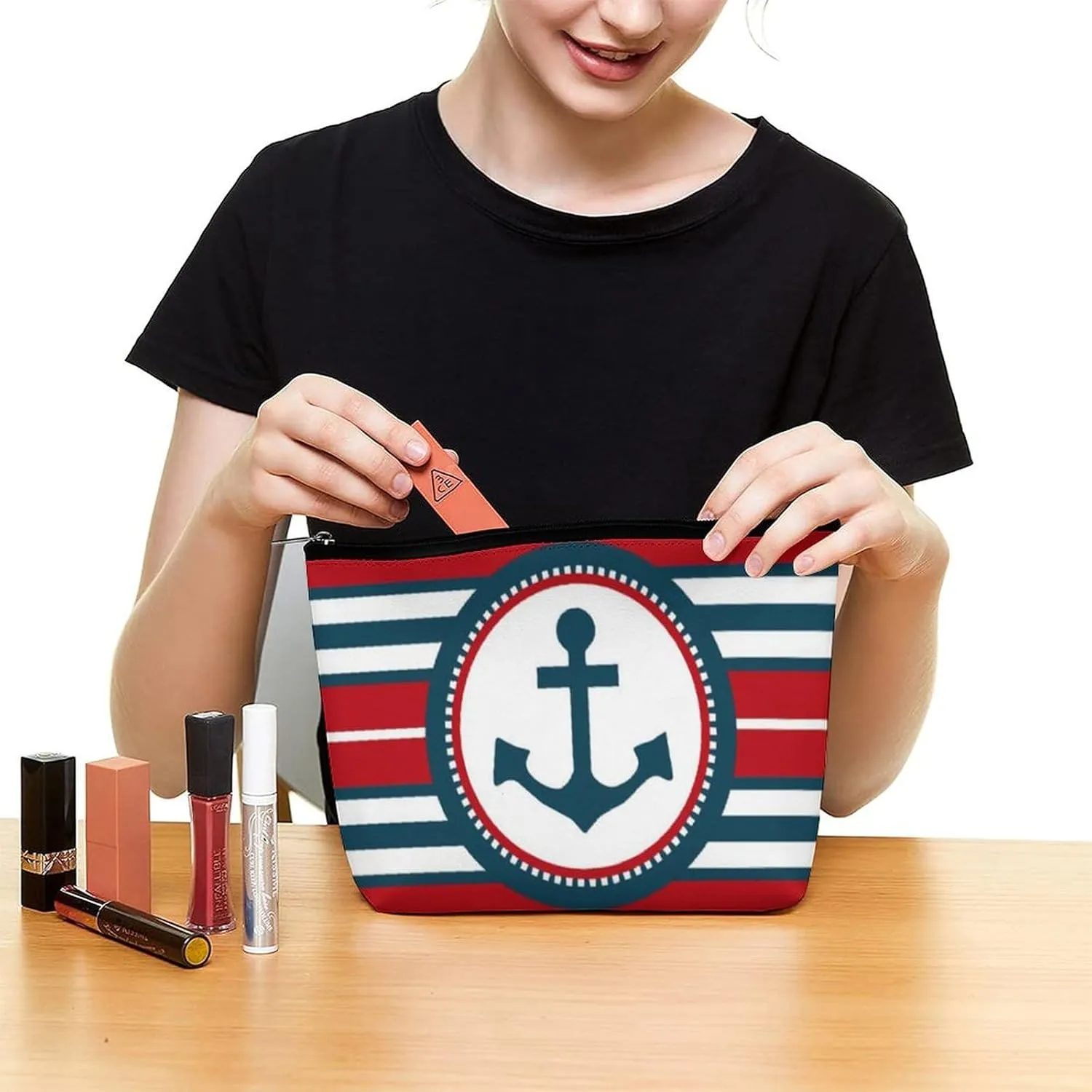 Nautical Design Print Cosmetic Bag, Travel Portable Makeup Bag for Purse Pouch Beauty Zipper Organizer Toiletry Bag for Women