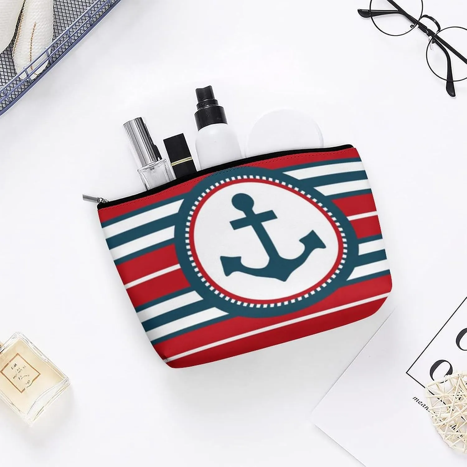 Nautical Design Print Cosmetic Bag, Travel Portable Makeup Bag for Purse Pouch Beauty Zipper Organizer Toiletry Bag for Women