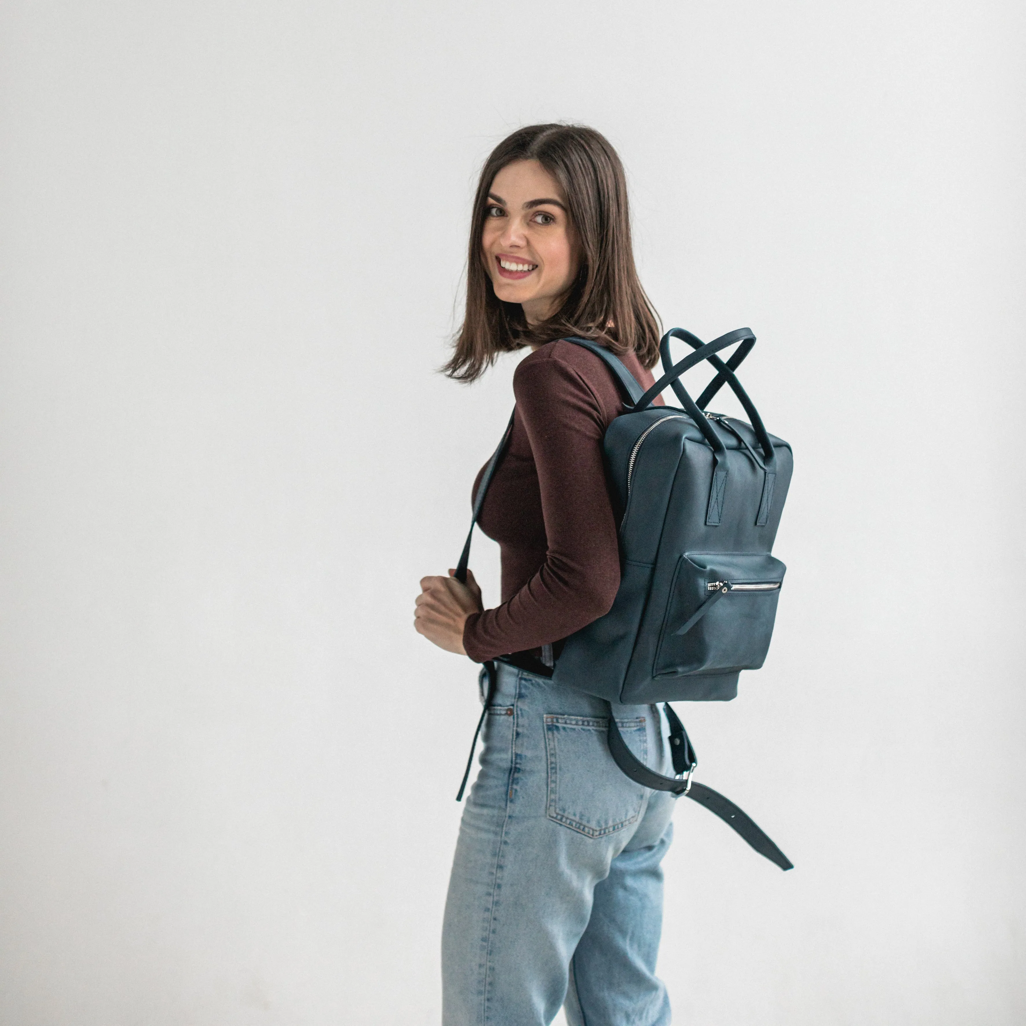 Navy blue leather city backpack