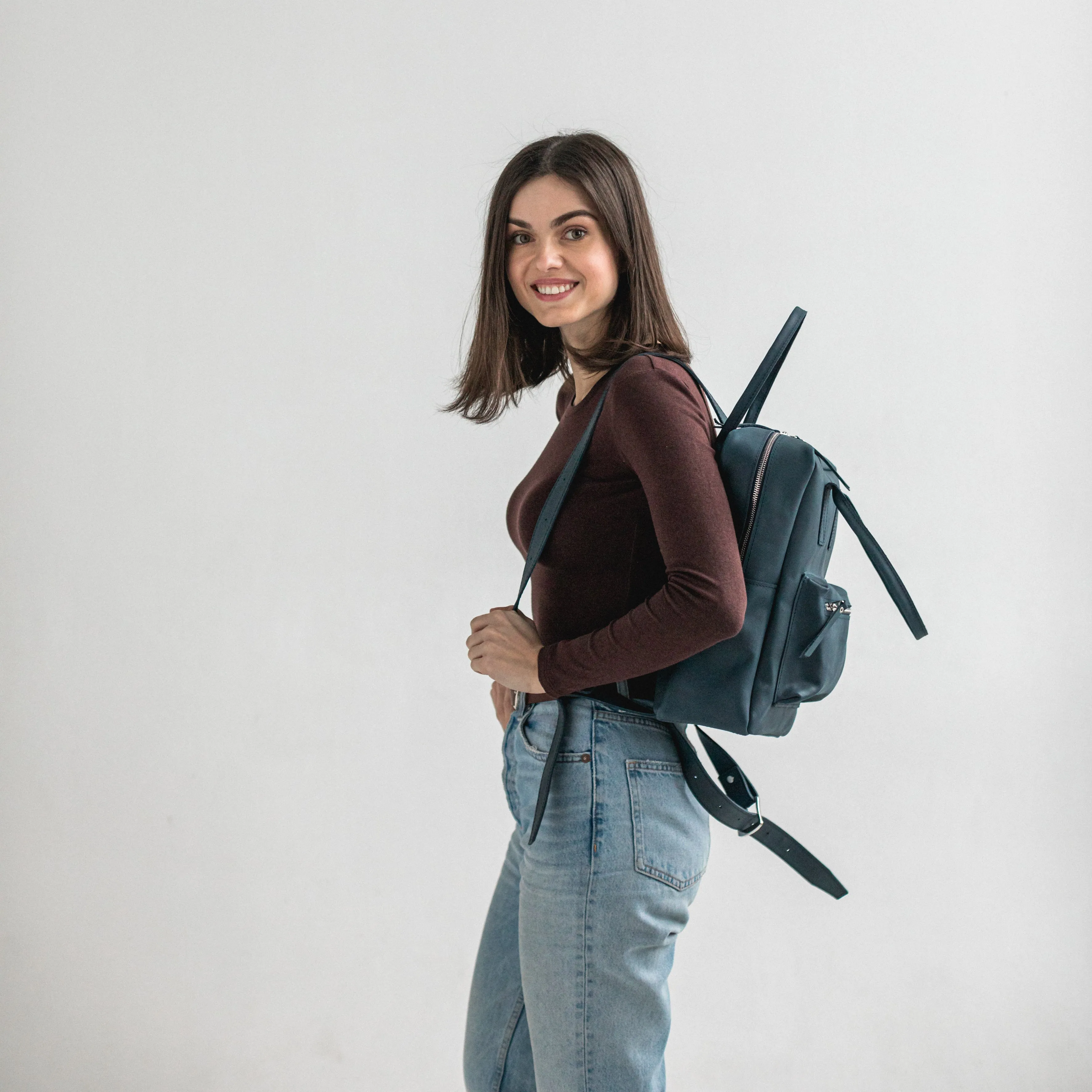 Navy blue leather city backpack