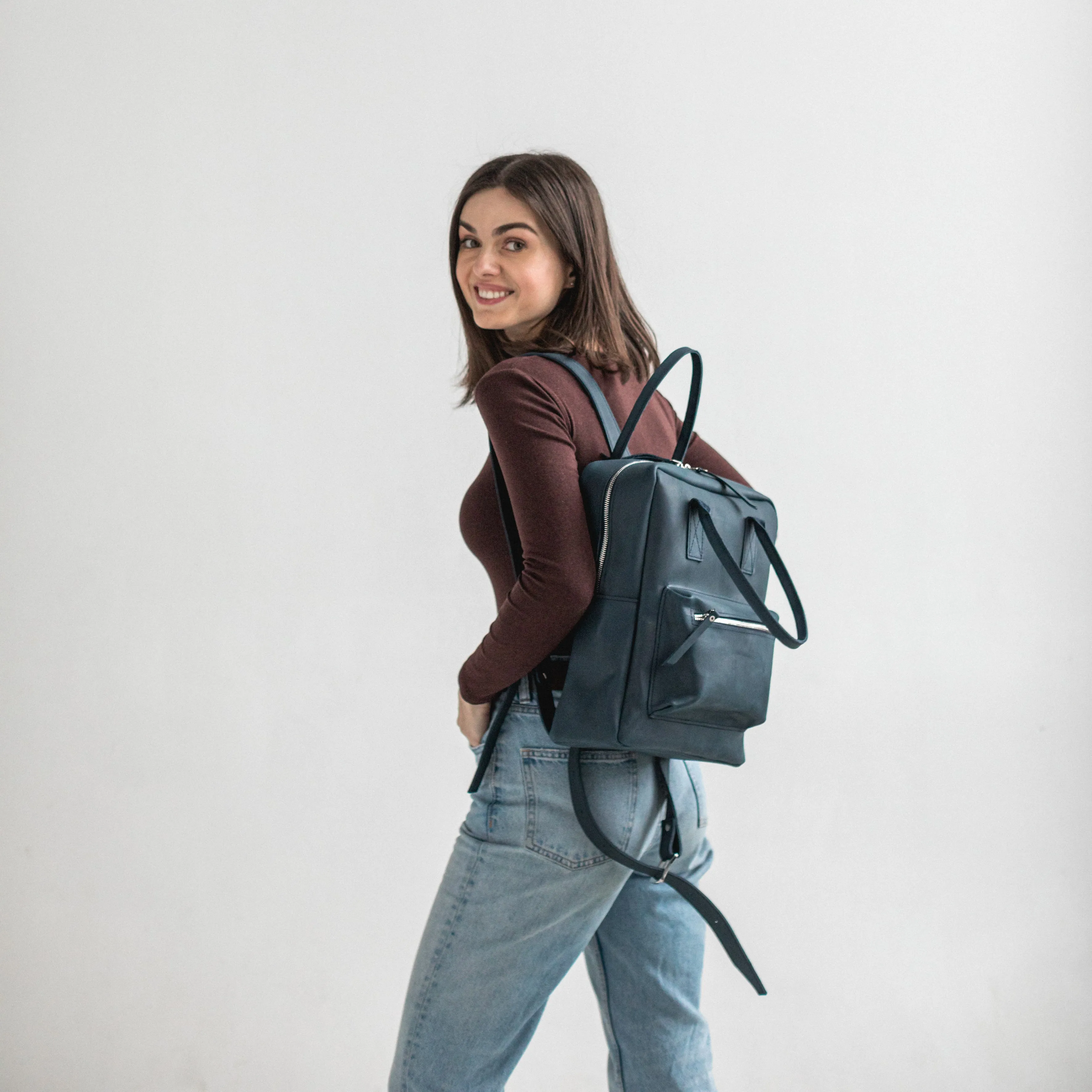 Navy blue leather city backpack