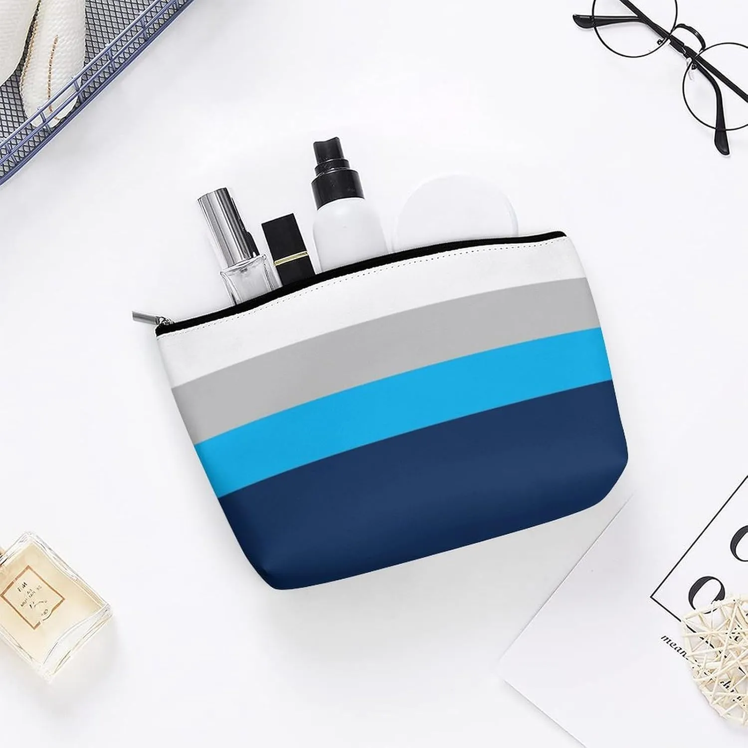 Navy, Gray, Blue Stripes Cosmetic Bag, Travel Portable Makeup Bag for Purse Pouch Beauty Zipper Organizer Toiletry Bag for Women
