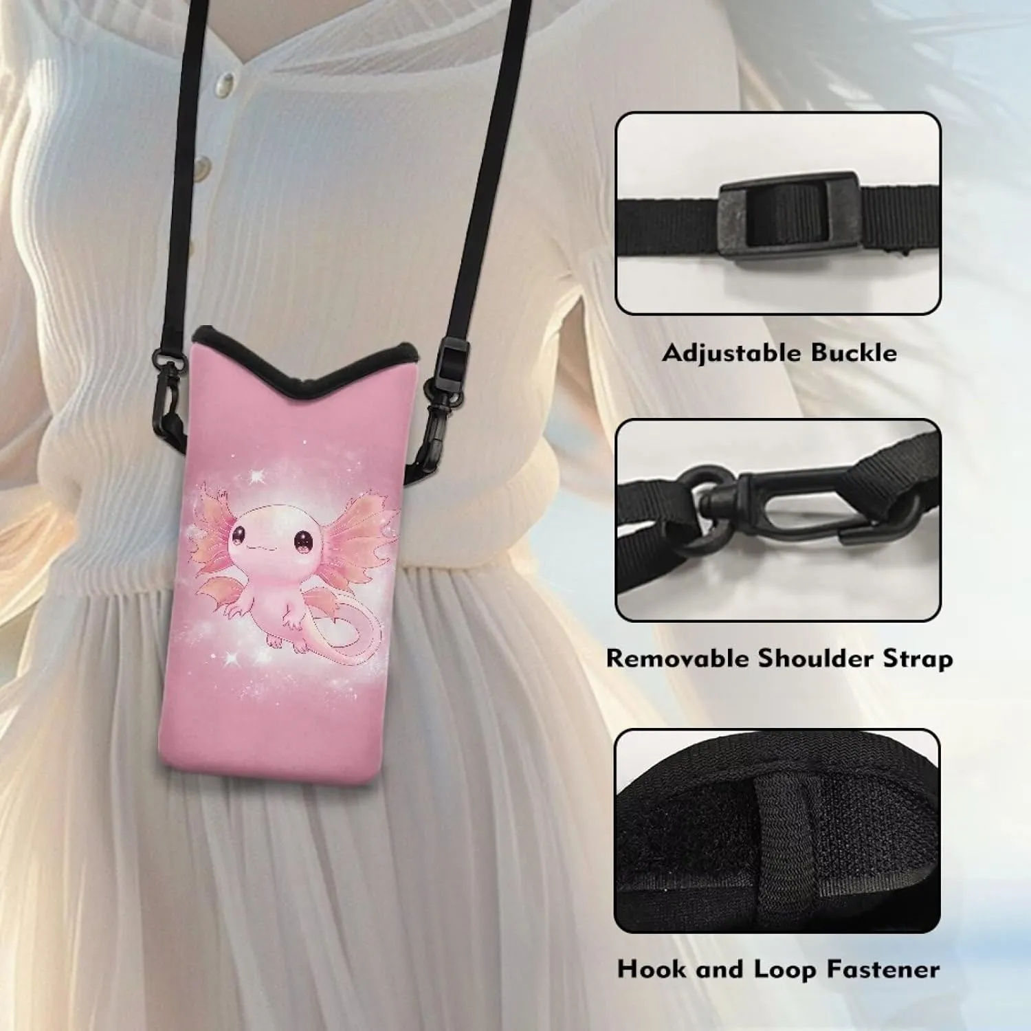 Neoprene Phone Bag Adjustable Crossbody Strap Mobile Protection Case Hook and Loop Fastener Phone Bag, 4 X 8 Inch