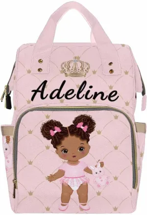 Newcos Personalized African Baby Crown Pink Diaper Backpack with Custom Name Shoulder Mommy Baby Bag