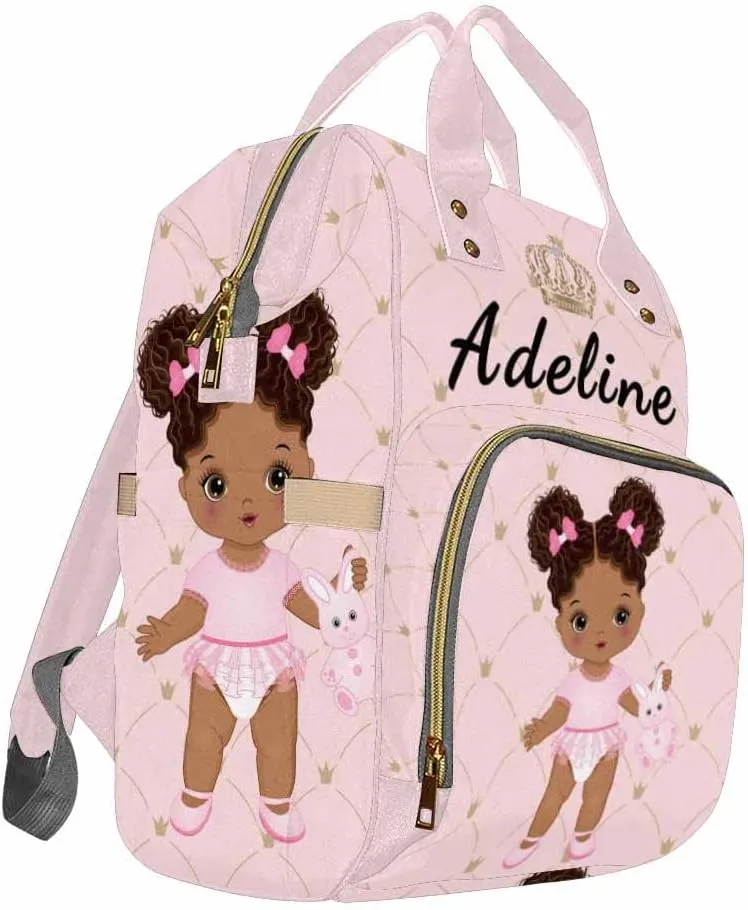 Newcos Personalized African Baby Crown Pink Diaper Backpack with Custom Name Shoulder Mommy Baby Bag