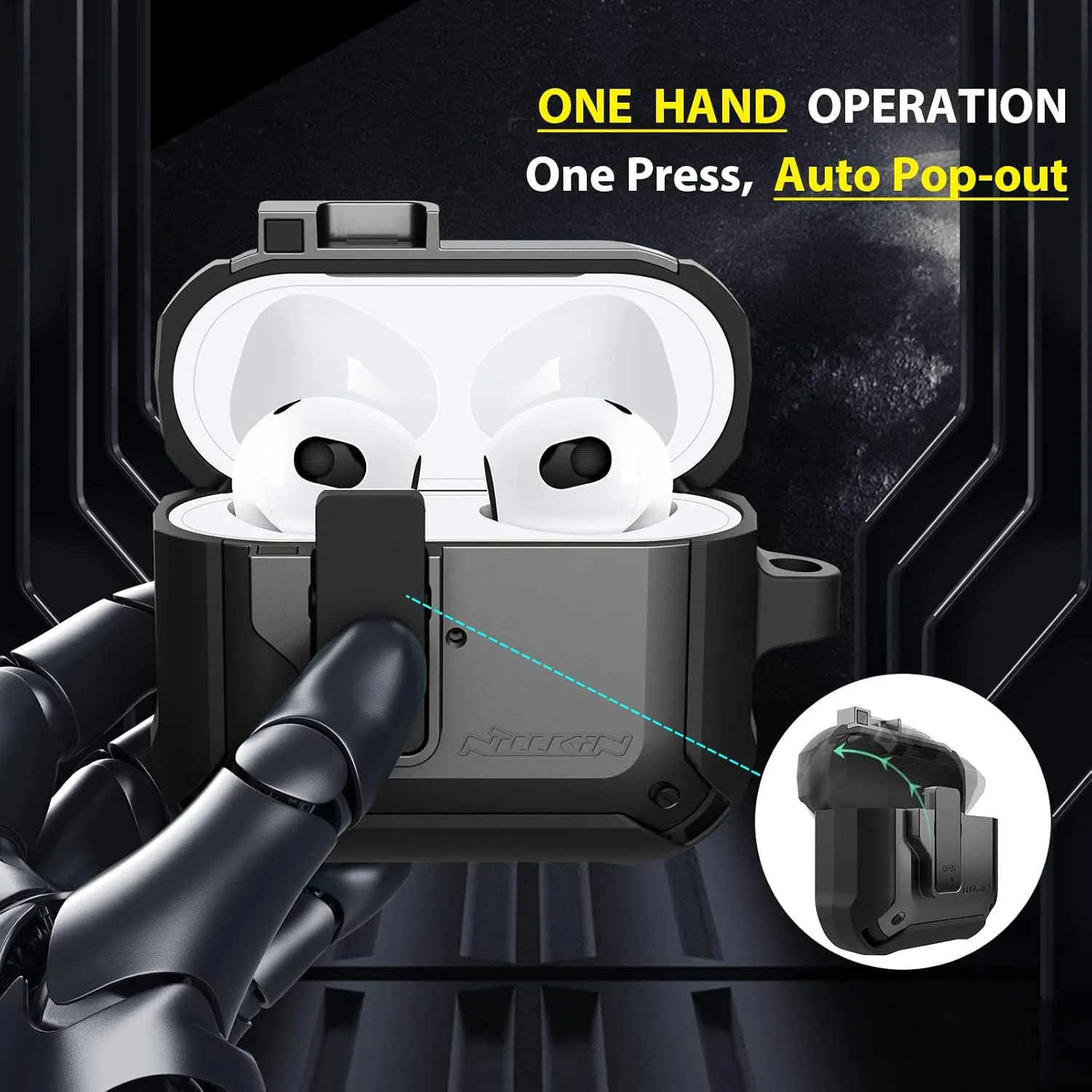 Nillkin for Airpods 3 Case Cover with Secure Lock, Press Auto Open, Military Grade Armor Solid for airpods 3,Hard Shell Protective Cover with Keychain for AirPod 3rd Generation 2021 case - Black
