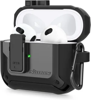 Nillkin for Airpods 3 Case Cover with Secure Lock, Press Auto Open, Military Grade Armor Solid for airpods 3,Hard Shell Protective Cover with Keychain for AirPod 3rd Generation 2021 case - Black