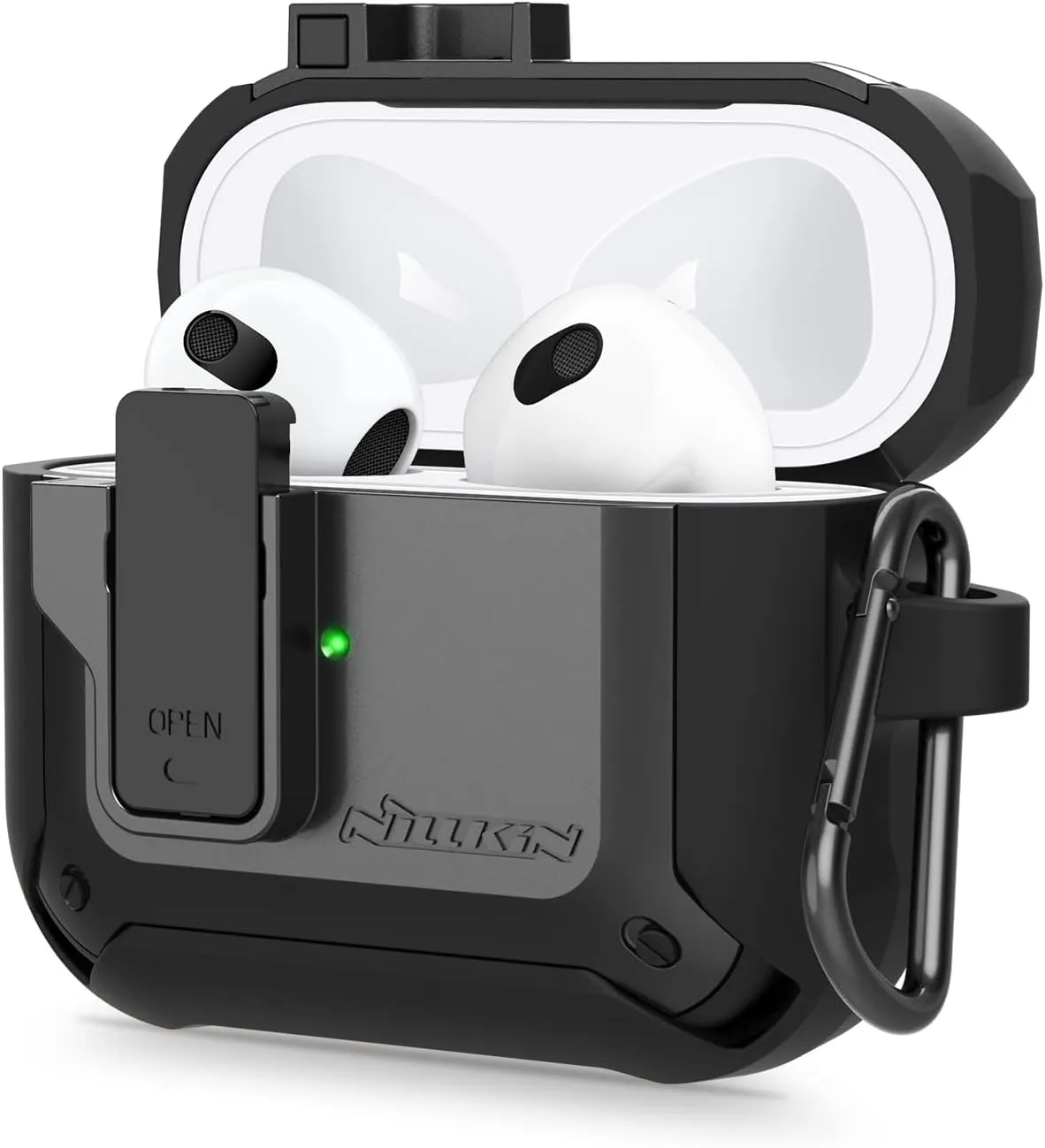 Nillkin for Airpods 3 Case Cover with Secure Lock, Press Auto Open, Military Grade Armor Solid for airpods 3,Hard Shell Protective Cover with Keychain for AirPod 3rd Generation 2021 case - Black