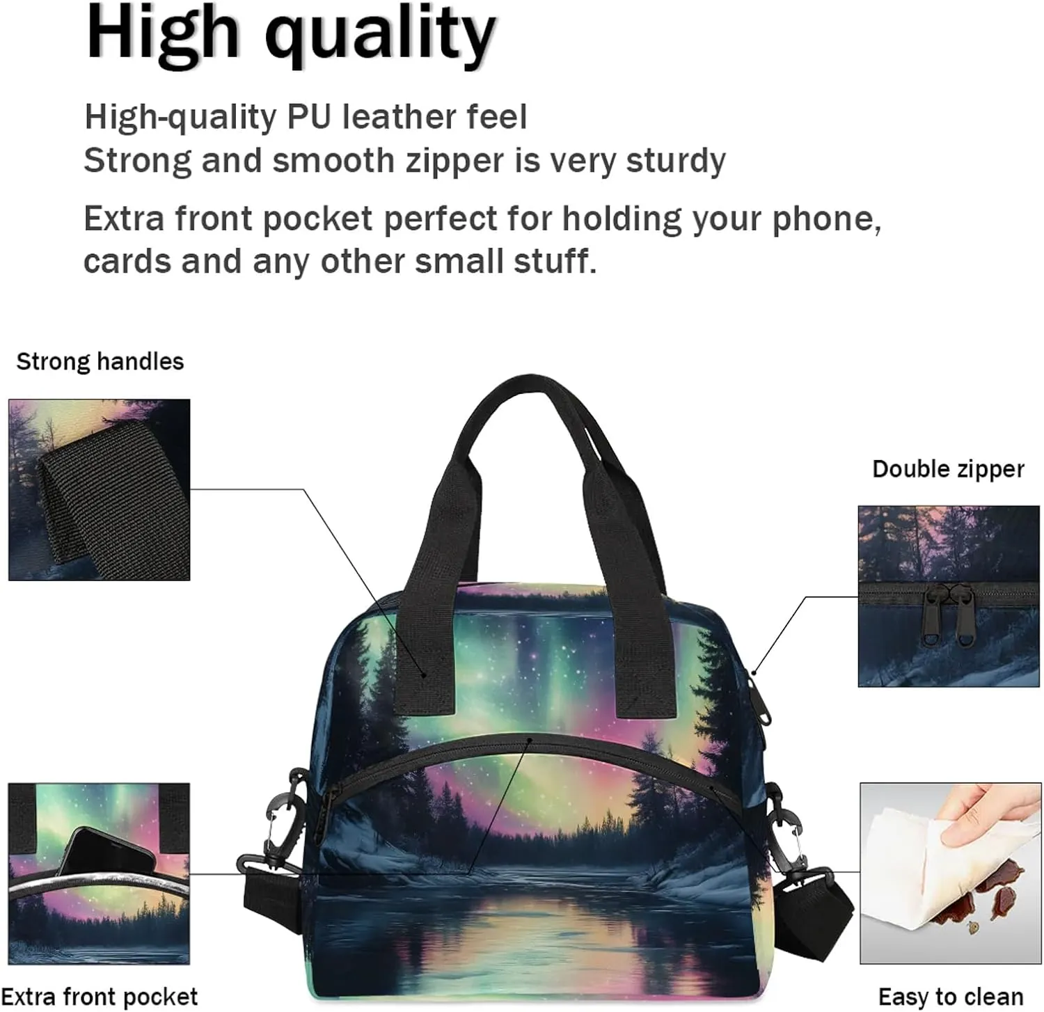 Northern Lights Forest Lunch Bag for Men Women Adults Northern Lights Aurora Insulated Lunch Box Leakproof Cooler Tote Bag Organizer with Adjustable Shoulder Strap