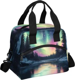 Northern Lights Forest Lunch Bag for Men Women Adults Northern Lights Aurora Insulated Lunch Box Leakproof Cooler Tote Bag Organizer with Adjustable Shoulder Strap