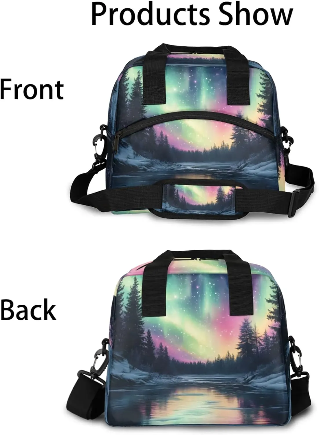 Northern Lights Forest Lunch Bag for Men Women Adults Northern Lights Aurora Insulated Lunch Box Leakproof Cooler Tote Bag Organizer with Adjustable Shoulder Strap