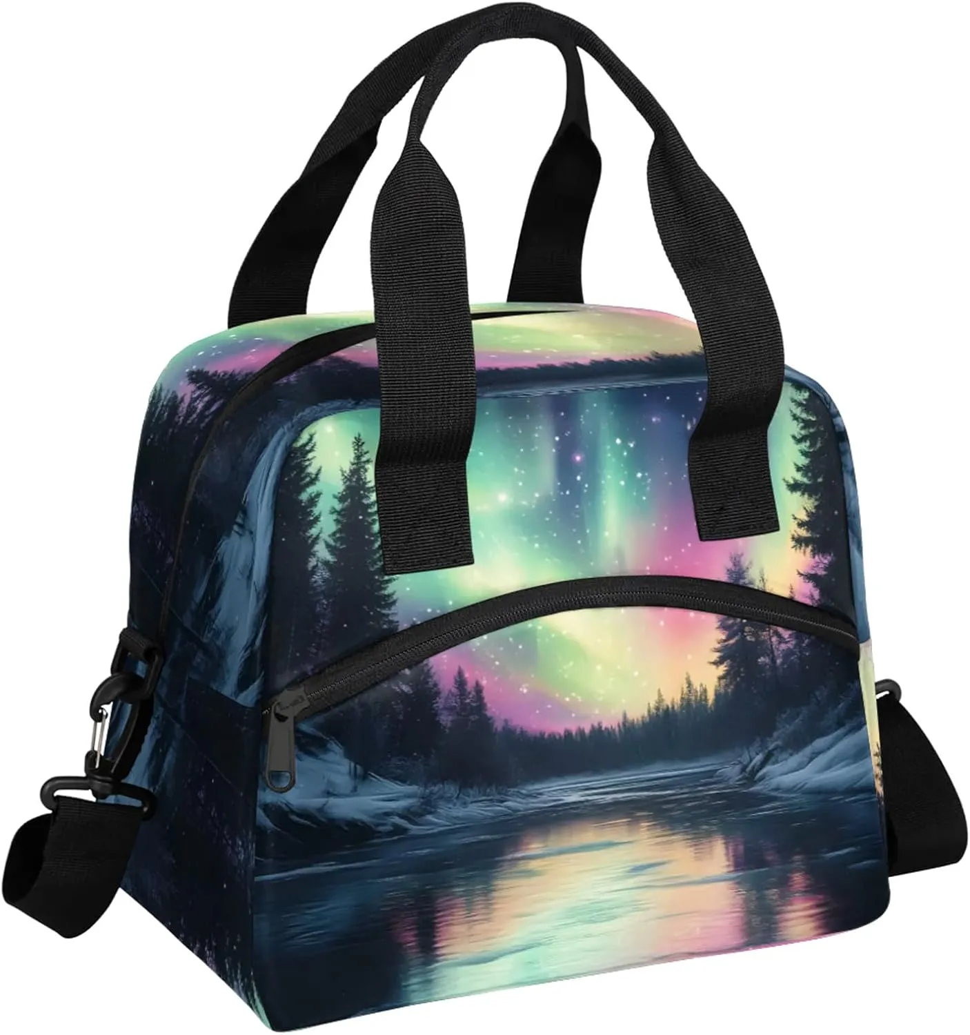 Northern Lights Forest Lunch Bag for Men Women Adults Northern Lights Aurora Insulated Lunch Box Leakproof Cooler Tote Bag Organizer with Adjustable Shoulder Strap
