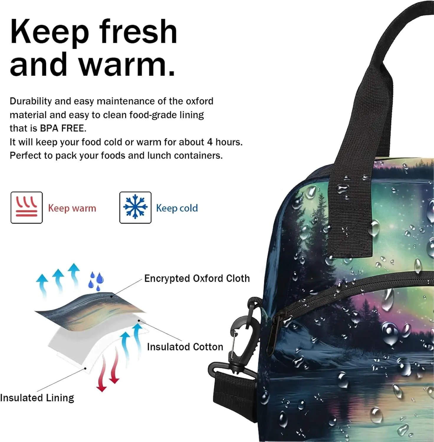 Northern Lights Forest Lunch Bag for Men Women Adults Northern Lights Aurora Insulated Lunch Box Leakproof Cooler Tote Bag Organizer with Adjustable Shoulder Strap