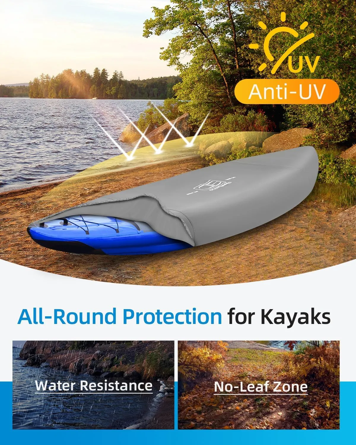 OCEANBROAD 300D/420D/600D Kayak Cover, Water-Resistant UV-Resistant Kayak Canoe Fishing Boat Dust Covers for Indoor and Outdoor Storage, Suitable for 12.3-13.5ft Kayak, 300D Gray