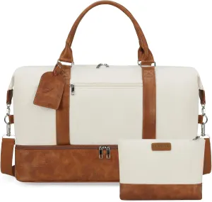 Oeihuivt Weekender Bags for Women - 21 Inch Large Travel Duffel Bag 2-Piece Set with Shoe Compartment, Heavy-Duty Canvas & Leather Carry On Overnight Tote (Airplane Approved)