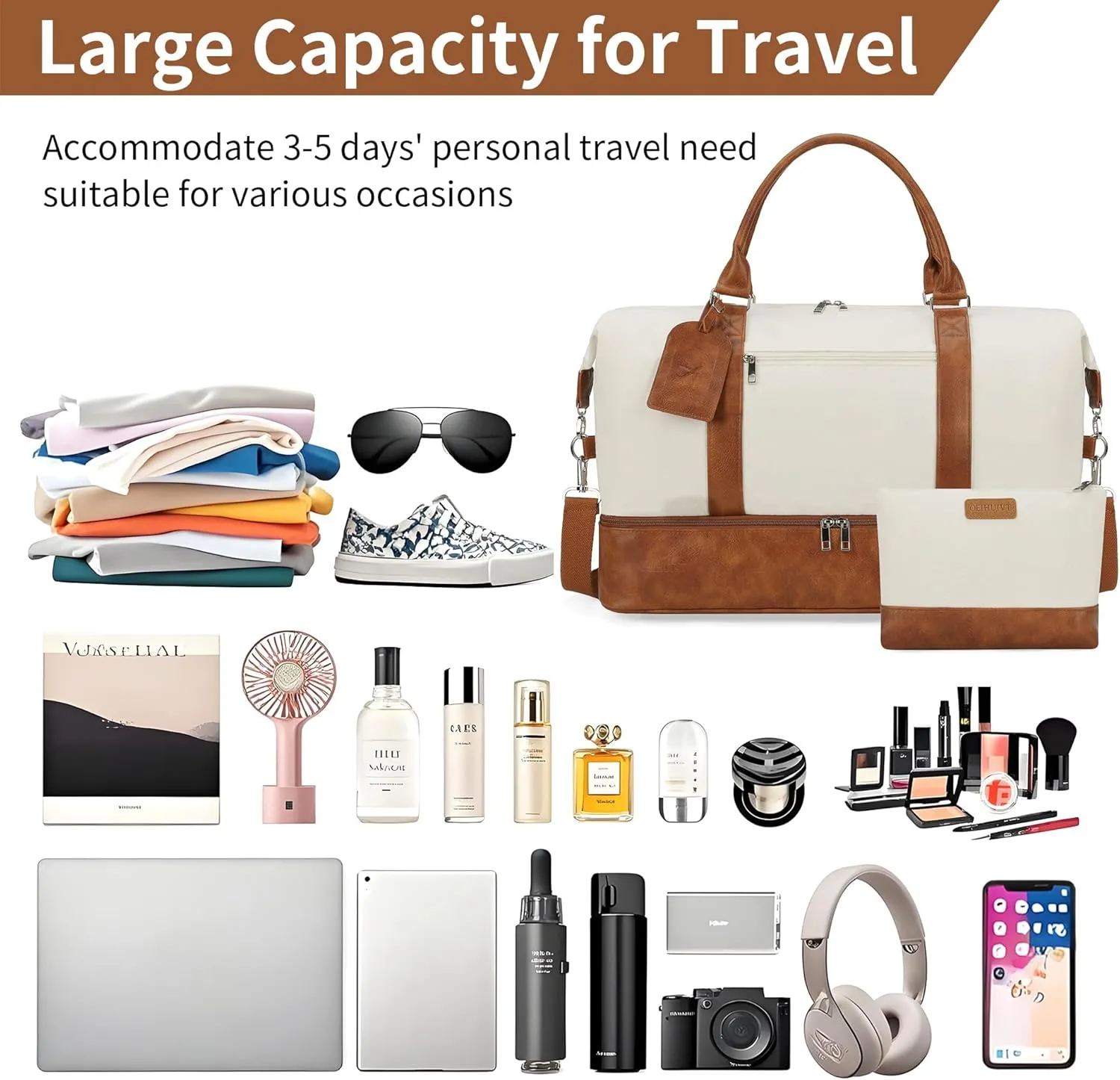 Oeihuivt Weekender Bags for Women - 21 Inch Large Travel Duffel Bag 2-Piece Set with Shoe Compartment, Heavy-Duty Canvas & Leather Carry On Overnight Tote (Airplane Approved)