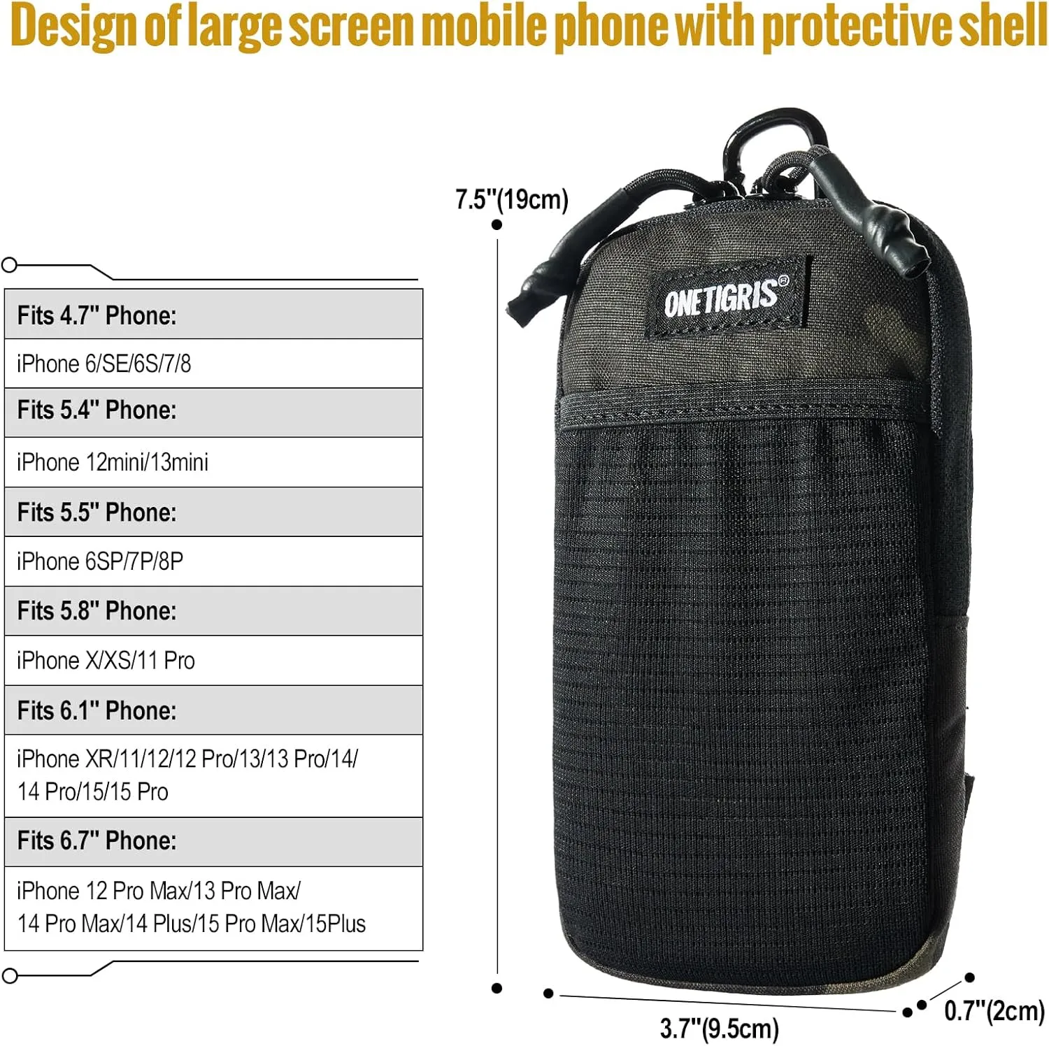 OneTigris Cell Phone Holster - Phone Belt Holder Molle Phone Pouch for Belt with Loop, Holds 4.7"-6.5" Phones in Black